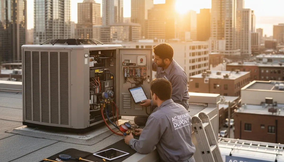 Professional AC repair technician servicing air conditioner in Saint Louis MO home