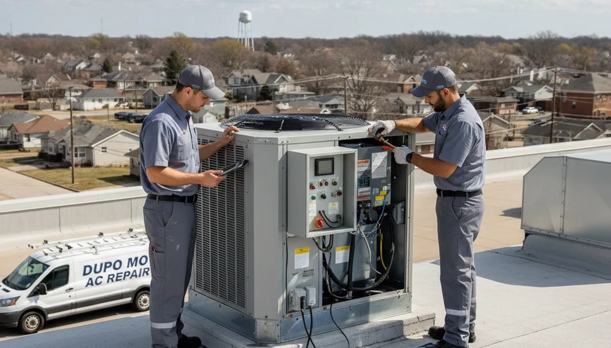 Professional AC repair technician servicing air conditioner unit in Saint Louis MO home