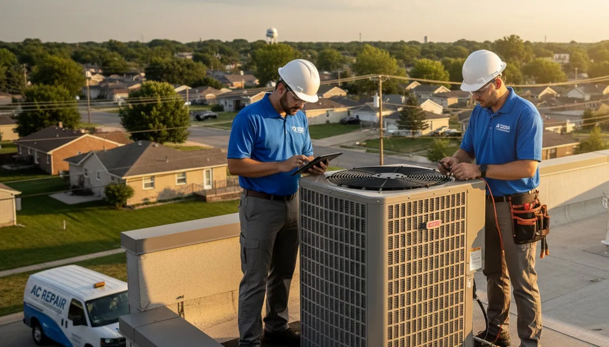 Professional AC repair technician servicing air conditioner in Saint Louis MO home