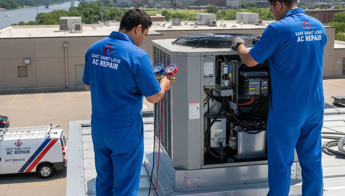 HVAC technician performing air conditioner repair service in Saint Louis MO home