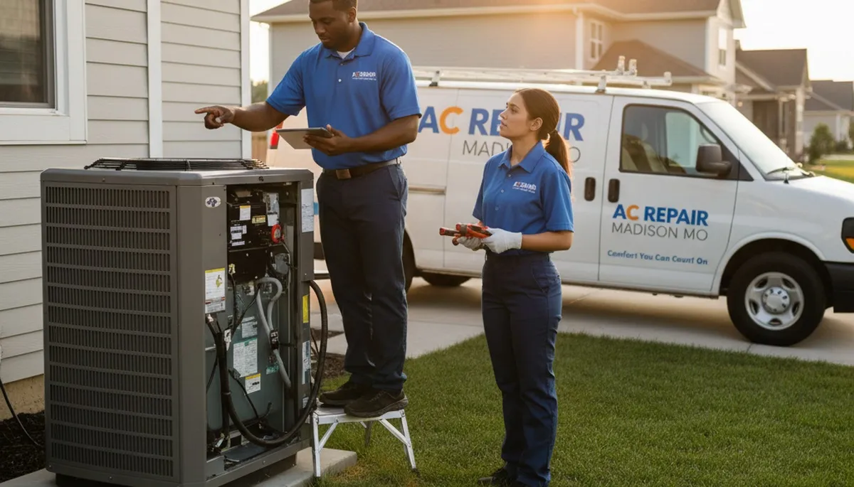 Professional AC repair technician servicing air conditioner unit in Saint Louis MO home