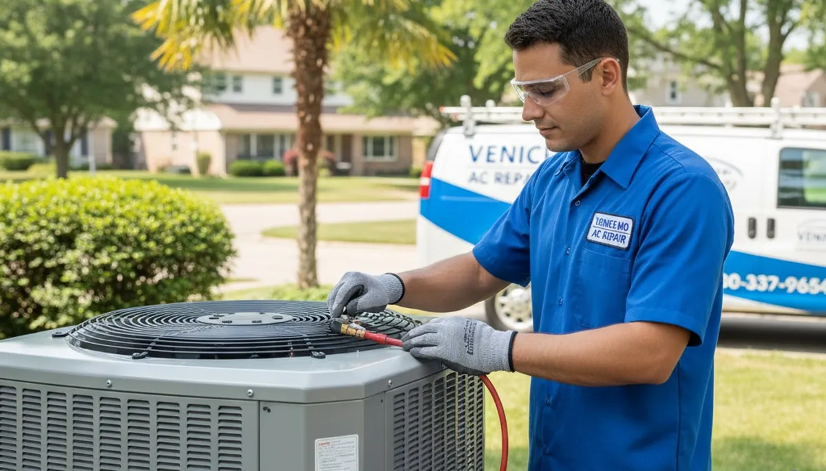 Professional AC repair technician servicing air conditioner unit in Saint Louis MO home