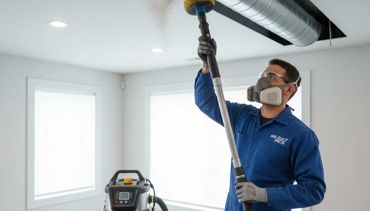 Technician cleaning air ducts for HVAC system in Saint Louis, MO home