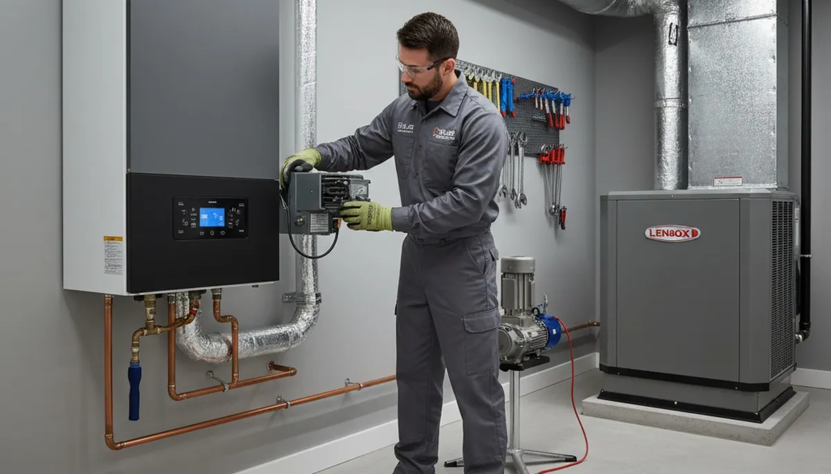 Technician performing boiler repair service in Saint Louis MO home by Five Star Cooling