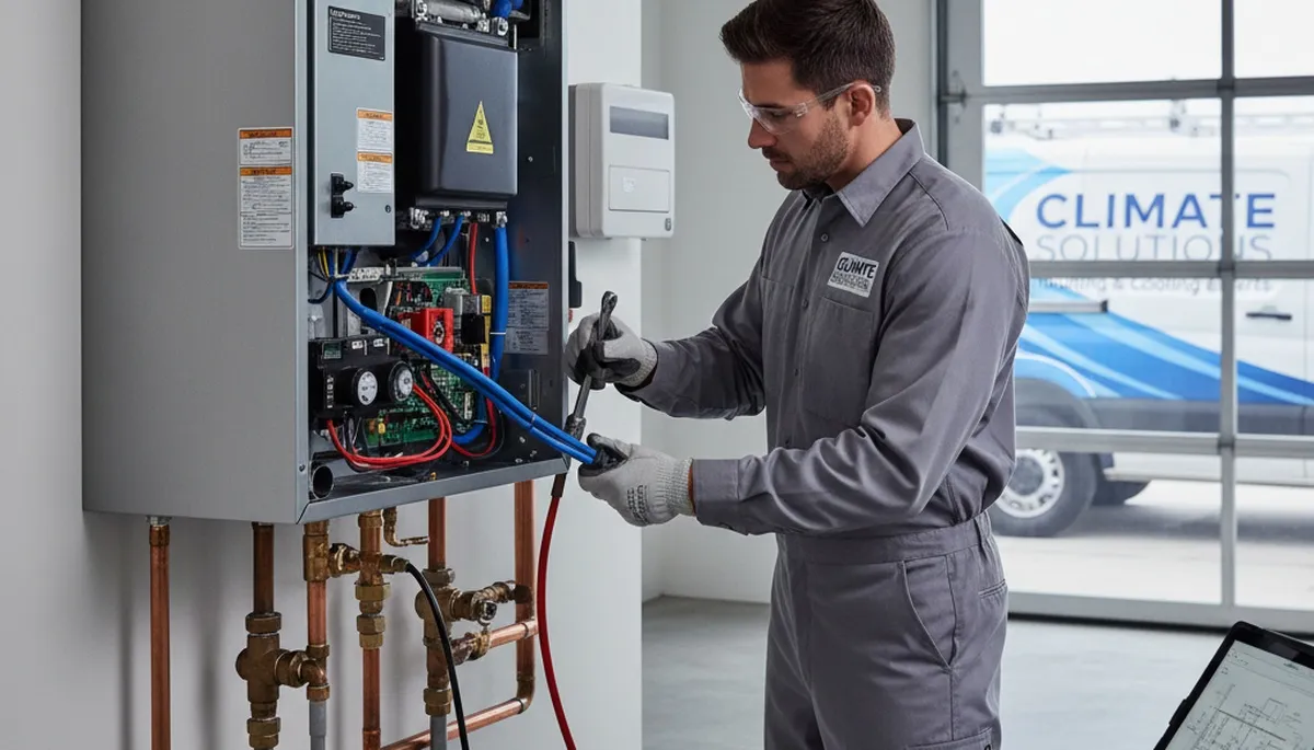 Technician performing boiler repair service in Saint Louis, MO home basement heating system