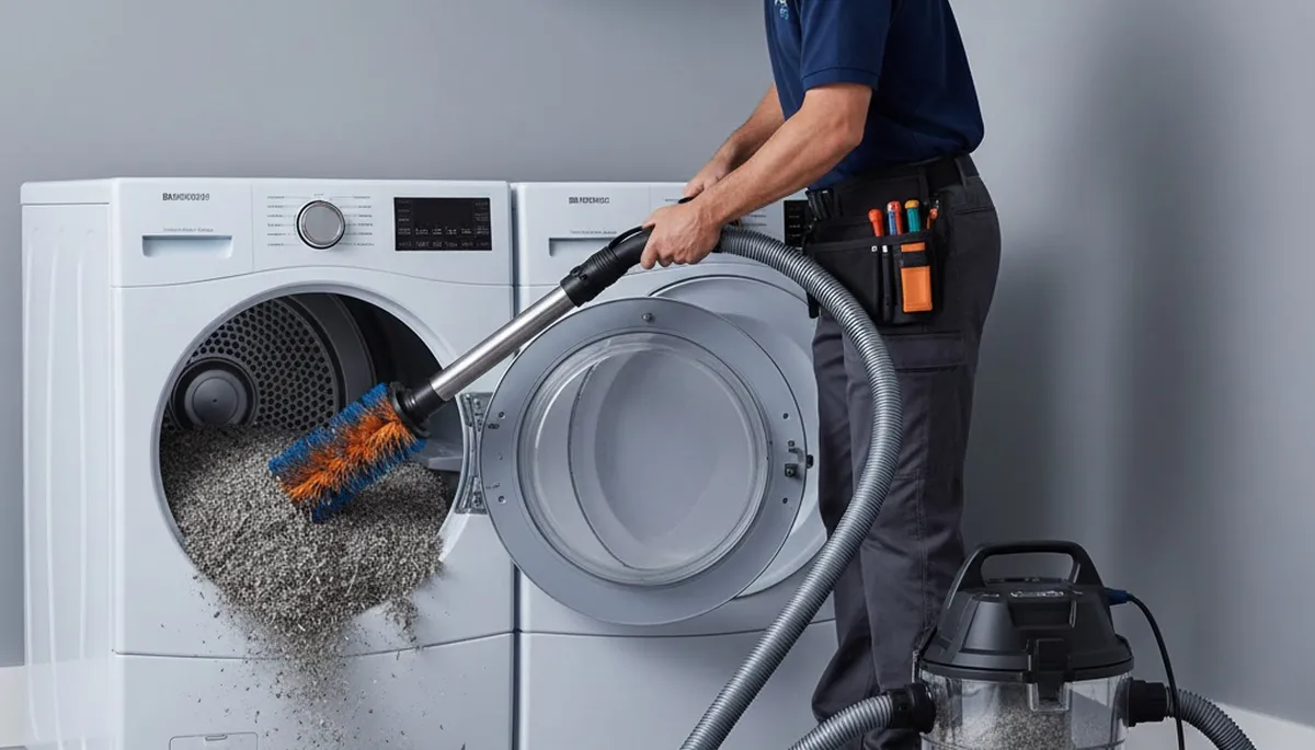Technician cleaning dryer vent in Saint Louis MO home for improved airflow and appliance safety