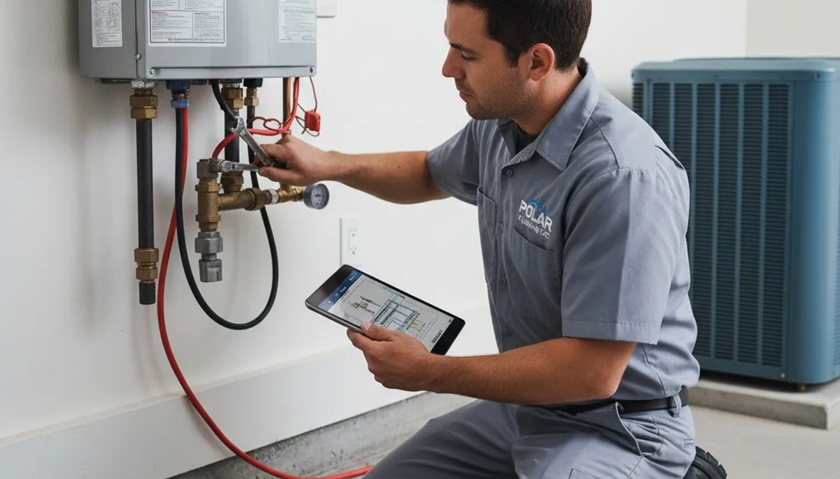 Technician repairing residential water heater in Saint Louis MO home for Five Star Cooling
